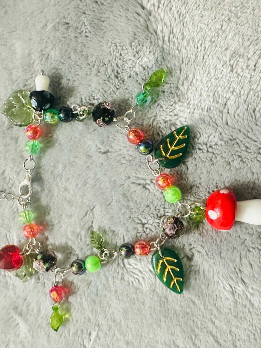 Green Leaf & Red Mushroom Charm Bracelet